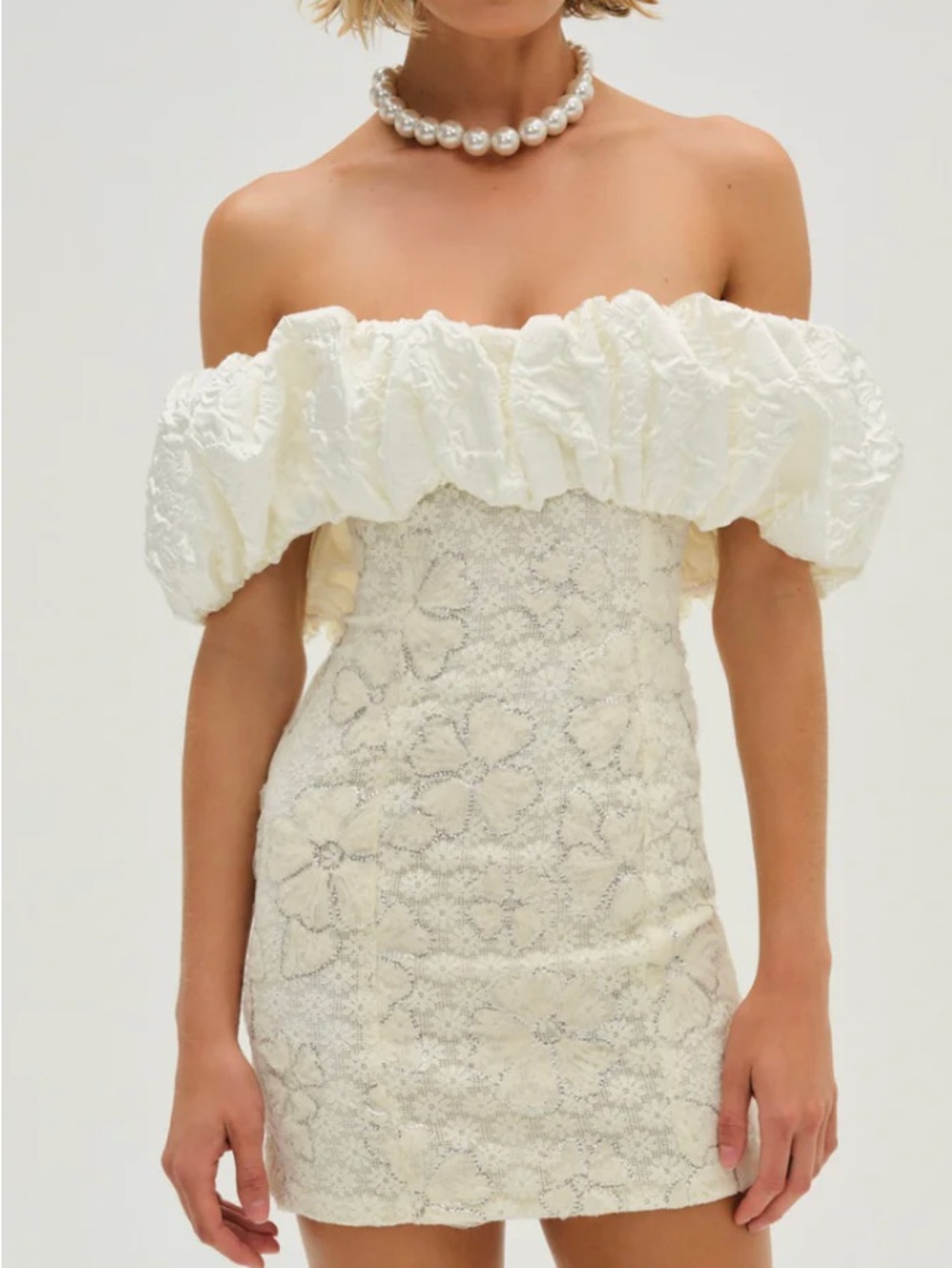 For Love And Lemons Snowflake Off-Shoulder Cream Floral Lace Mini Dress